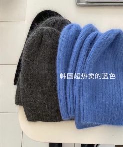 Korean Style Multi-Color Wide Ribbed Angora Rabbit Hair Yarn Hat for Winter Fashion