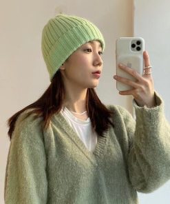 Korean Style Multi-Color Wide Ribbed Angora Rabbit Hair Yarn Hat for Winter Fashion