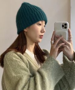 Korean Style Multi-Color Wide Ribbed Angora Rabbit Hair Yarn Hat for Winter Fashion