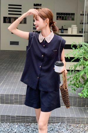 Korean-Style Navy Blue Sleeveless Shirt and Wide-Leg Shorts Two-Piece Set for Women - Exquisite Summer 2025 Fashion