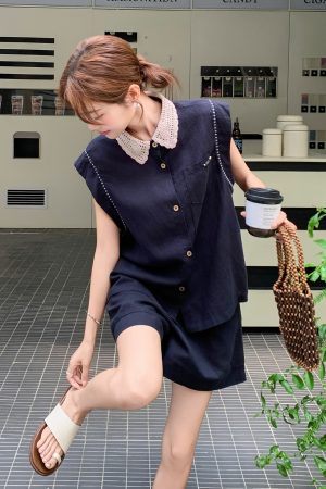 Korean-Style Navy Blue Sleeveless Shirt and Wide-Leg Shorts Two-Piece Set for Women - Exquisite Summer 2025 Fashion