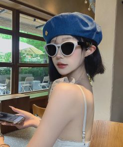 Korean-Style Oversized Denim Beret Hat, Retro Octagonal Design, Face-Shaping Versatile Fashion Hat for Women