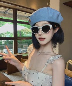 Korean-Style Oversized Denim Beret Hat, Retro Octagonal Design, Face-Shaping Versatile Fashion Hat for Women