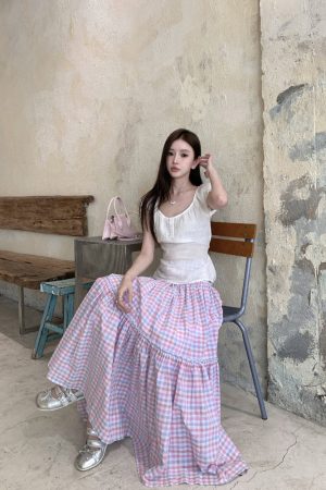 Korean Style Plaid A-Line Pleated Skirt for Summer 2025 - Retro Half-Length Skirt for Sweet Girl Vacation Vibes