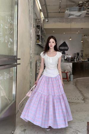 Korean Style Plaid A-Line Pleated Skirt for Summer 2025 - Retro Half-Length Skirt for Sweet Girl Vacation Vibes