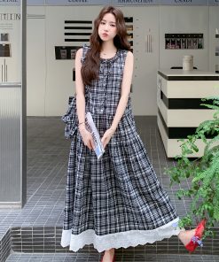 Korean-Style Plaid Patchwork Sleeveless Long Dress for Women - Unique and Stylish 2025 Summer Fashion Essential