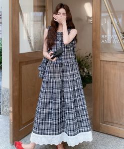 Korean-Style Plaid Patchwork Sleeveless Long Dress for Women - Unique and Stylish 2025 Summer Fashion Essential