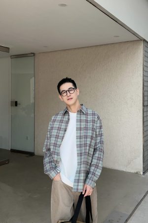 Korean Style Plaid Shirt for Men, Early Spring Casual Loose Jacket, Lazy Minimalist Design, Perfect for 90s and Y2K Fashion