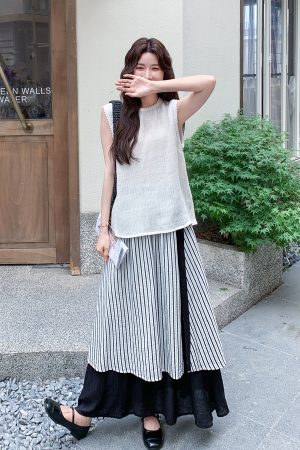 Korean Style Plaid Spliced Skirt Set for Women - Sleeveless Top Two-Piece Outfit - 2025 Summer Fashion Trend