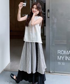 Korean Style Plaid Spliced Skirt Set for Women - Sleeveless Top Two-Piece Outfit - 2025 Summer Fashion Trend