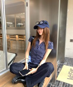 Korean Style Plaid Waist-Cinching Slim-Fit Short Sleeve Pocketed Shirt in Navy Blue - Trendy Y2K Fashion Top