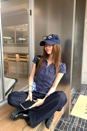 Korean Style Plaid Waist-Cinching Slim-Fit Short Sleeve Pocketed Shirt in Navy Blue - Trendy Y2K Fashion Top