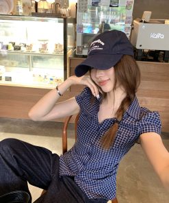 Korean Style Plaid Waist-Cinching Slim-Fit Short Sleeve Pocketed Shirt in Navy Blue - Trendy Y2K Fashion Top