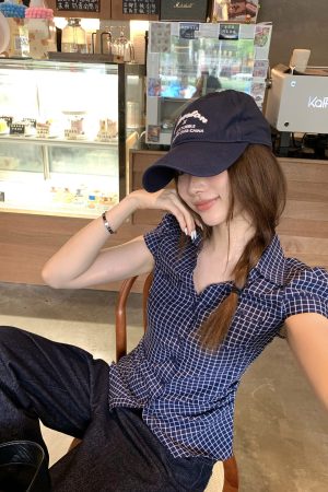 Korean Style Plaid Waist-Cinching Slim-Fit Short Sleeve Pocketed Shirt in Navy Blue - Trendy Y2K Fashion Top
