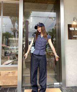 Korean Style Plaid Waist-Cinching Slim-Fit Short Sleeve Pocketed Shirt in Navy Blue - Trendy Y2K Fashion Top