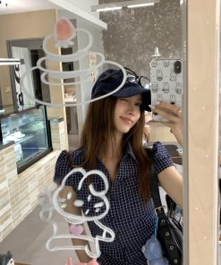 Korean Style Plaid Waist-Cinching Slim-Fit Short Sleeve Pocketed Shirt in Navy Blue - Trendy Y2K Fashion Top