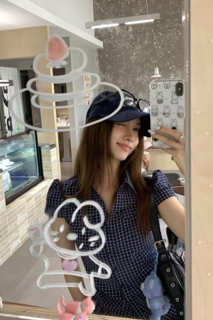 Korean Style Plaid Waist-Cinching Slim-Fit Short Sleeve Pocketed Shirt in Navy Blue - Trendy Y2K Fashion Top