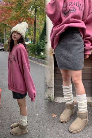 Korean Style Plum Pink Sweatshirt with French Blended Circle Knit Skirt - Trendy Short Skirt Combo for Effortless Chic Look