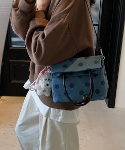 Korean-Style Polka Dot Denim Tote Bag for Women, Small Square Crossbody Shoulder Bag, Foldable Spring/Summer 2025 Fashion Accessory