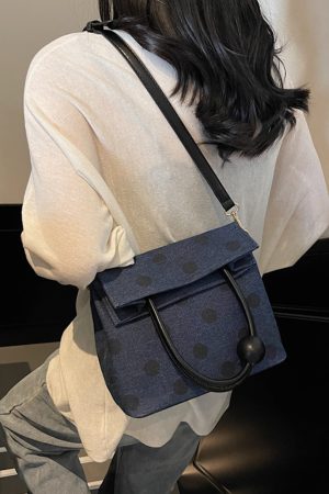 Korean-Style Polka Dot Denim Tote Bag for Women, Small Square Crossbody Shoulder Bag, Foldable Spring/Summer 2025 Fashion Accessory