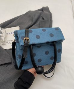Korean-Style Polka Dot Denim Tote Bag for Women, Small Square Crossbody Shoulder Bag, Foldable Spring/Summer 2025 Fashion Accessory