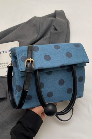 Korean-Style Polka Dot Denim Tote Bag for Women, Small Square Crossbody Shoulder Bag, Foldable Spring/Summer 2025 Fashion Accessory