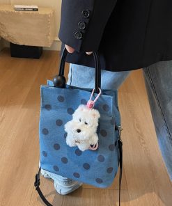 Korean-Style Polka Dot Denim Tote Bag for Women, Small Square Crossbody Shoulder Bag, Foldable Spring/Summer 2025 Fashion Accessory