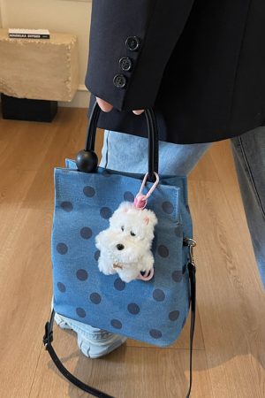 Korean-Style Polka Dot Denim Tote Bag for Women, Small Square Crossbody Shoulder Bag, Foldable Spring/Summer 2025 Fashion Accessory