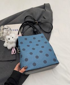 Korean-Style Polka Dot Denim Tote Bag for Women, Small Square Crossbody Shoulder Bag, Foldable Spring/Summer 2025 Fashion Accessory
