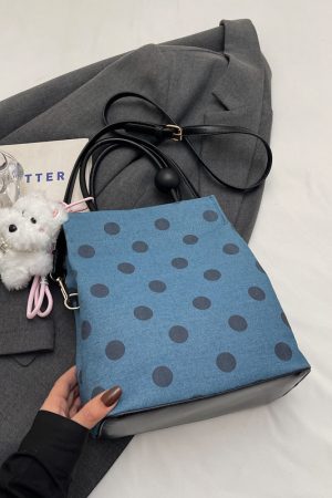 Korean-Style Polka Dot Denim Tote Bag for Women, Small Square Crossbody Shoulder Bag, Foldable Spring/Summer 2025 Fashion Accessory