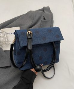 Korean-Style Polka Dot Denim Tote Bag for Women, Small Square Crossbody Shoulder Bag, Foldable Spring/Summer 2025 Fashion Accessory