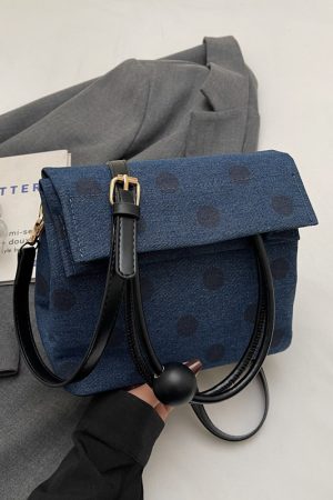 Korean-Style Polka Dot Denim Tote Bag for Women, Small Square Crossbody Shoulder Bag, Foldable Spring/Summer 2025 Fashion Accessory
