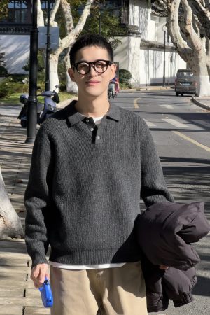 Korean Style Polo Knitted Sweater for Men, Autumn Winter Casual Loose Top, Minimalist Fashion, Cozy Layering Essential