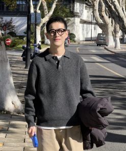 Korean Style Polo Knitted Sweater for Men, Autumn Winter Casual Loose Top, Minimalist Fashion, Cozy Layering Essential