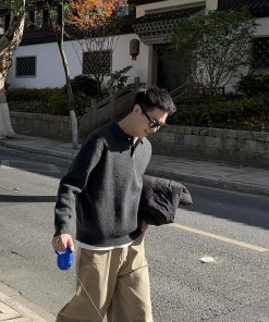 Korean Style Polo Knitted Sweater for Men, Autumn Winter Casual Loose Top, Minimalist Fashion, Cozy Layering Essential