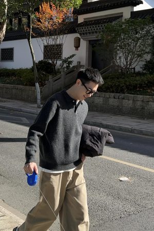Korean Style Polo Knitted Sweater for Men, Autumn Winter Casual Loose Top, Minimalist Fashion, Cozy Layering Essential