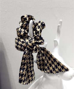 Korean-Style Printed Houndstooth Pleated Five-Pointed Star Hair Tie with Ribbon Detail for Trendy Looks