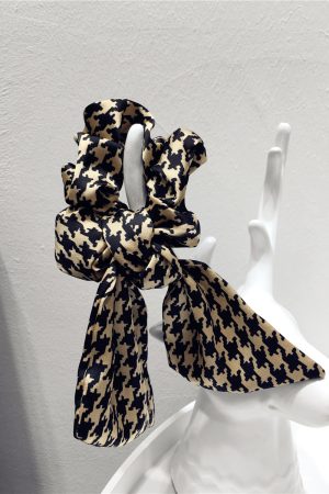 Korean-Style Printed Houndstooth Pleated Five-Pointed Star Hair Tie with Ribbon Detail for Trendy Looks