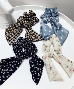 Korean-Style Printed Houndstooth Pleated Five-Pointed Star Hair Tie with Ribbon Detail for Trendy Looks