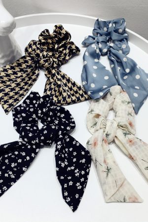 Korean-Style Printed Houndstooth Pleated Five-Pointed Star Hair Tie with Ribbon Detail for Trendy Looks