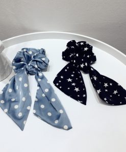Korean-Style Printed Houndstooth Pleated Five-Pointed Star Hair Tie with Ribbon Detail for Trendy Looks
