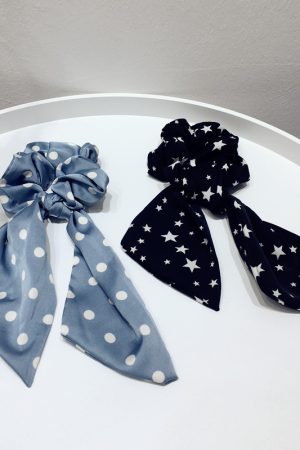 Korean-Style Printed Houndstooth Pleated Five-Pointed Star Hair Tie with Ribbon Detail for Trendy Looks