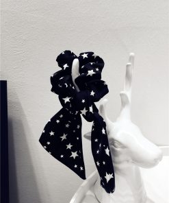 Korean-Style Printed Houndstooth Pleated Five-Pointed Star Hair Tie with Ribbon Detail for Trendy Looks