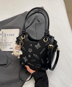 Korean-Style Printed Tote Bag for Women - Spring/Summer 2025, Textured Bucket Bag, Fresh & Simple Shoulder Crossbody Bag