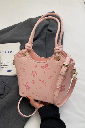 Korean-Style Printed Tote Bag for Women - Spring/Summer 2025, Textured Bucket Bag, Fresh & Simple Shoulder Crossbody Bag