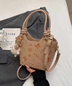 Korean-Style Printed Tote Bag for Women - Spring/Summer 2025, Textured Bucket Bag, Fresh & Simple Shoulder Crossbody Bag