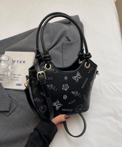 Korean-Style Printed Tote Bag for Women - Spring/Summer 2025, Textured Bucket Bag, Fresh & Simple Shoulder Crossbody Bag