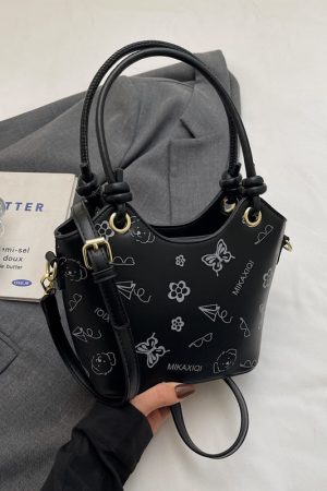 Korean-Style Printed Tote Bag for Women - Spring/Summer 2025, Textured Bucket Bag, Fresh & Simple Shoulder Crossbody Bag