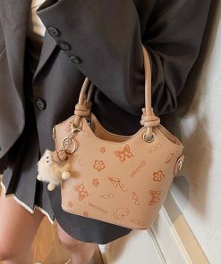 Korean-Style Printed Tote Bag for Women - Spring/Summer 2025, Textured Bucket Bag, Fresh & Simple Shoulder Crossbody Bag