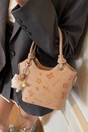 Korean-Style Printed Tote Bag for Women - Spring/Summer 2025, Textured Bucket Bag, Fresh & Simple Shoulder Crossbody Bag